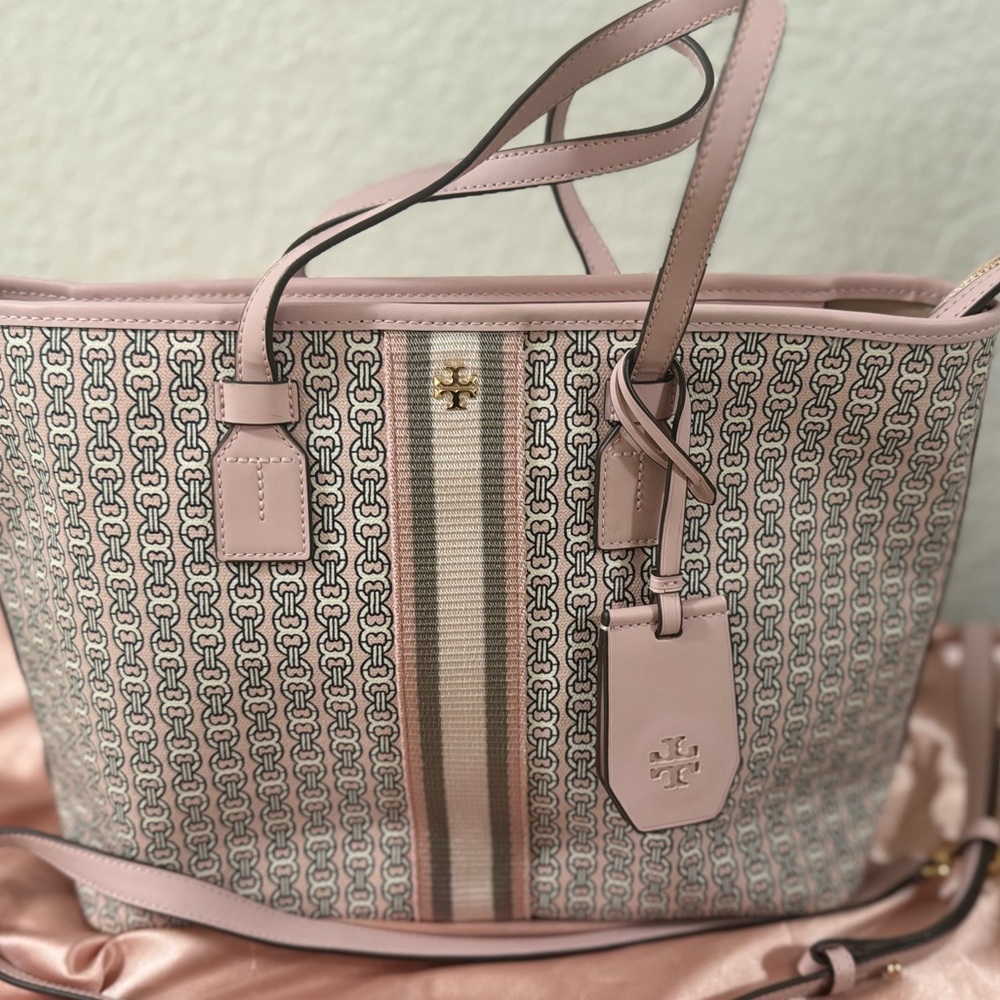 Tory Burch Pink Patterned Tote Handbag with Stripe Accent and cross body strap - Picture 9 of 13